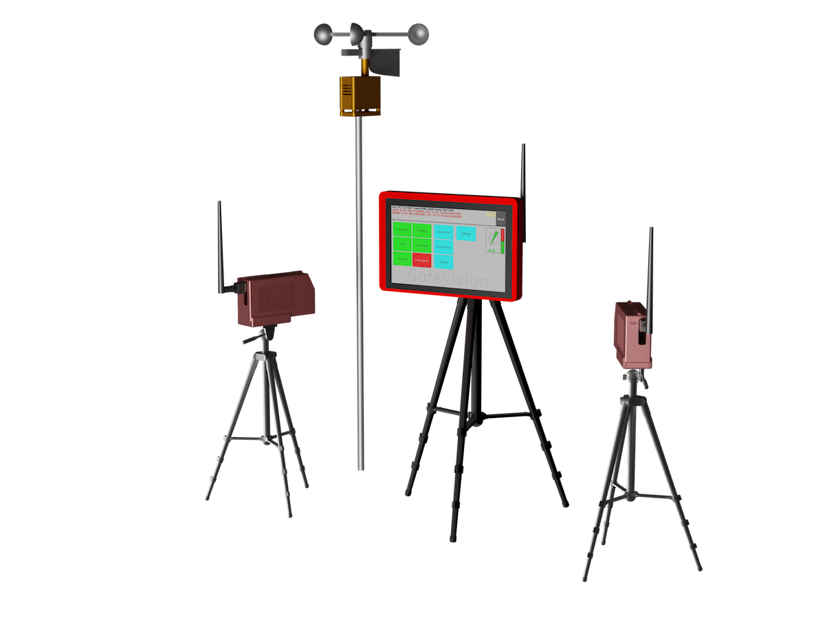 The full GateVision system: two camera base-station units, the central control unit, and the anemometer mast